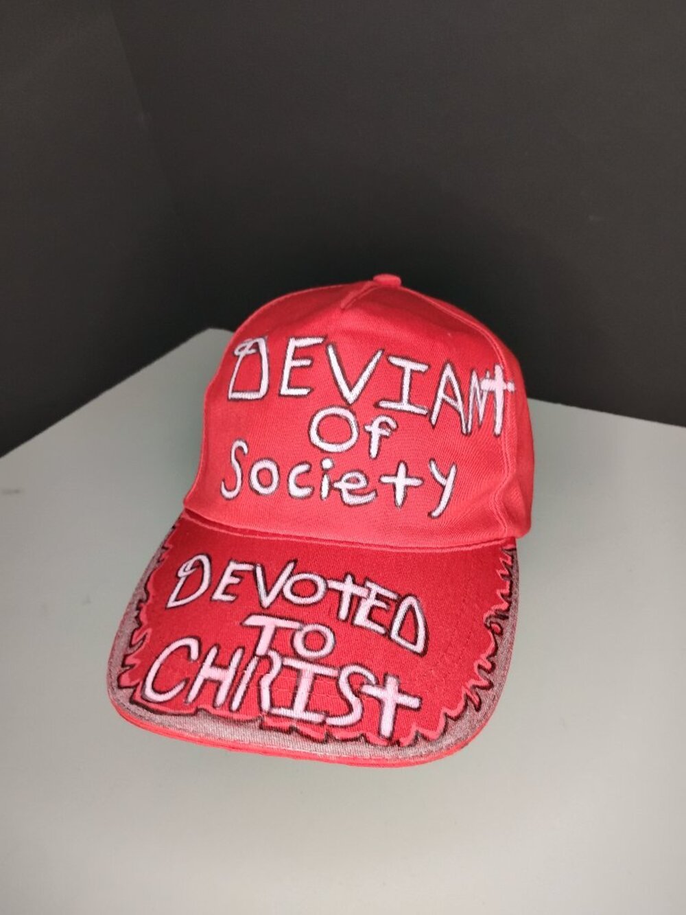 Hand Painted Red Baseball Cap Christian Hat Deviant of Society Devoted to Christ